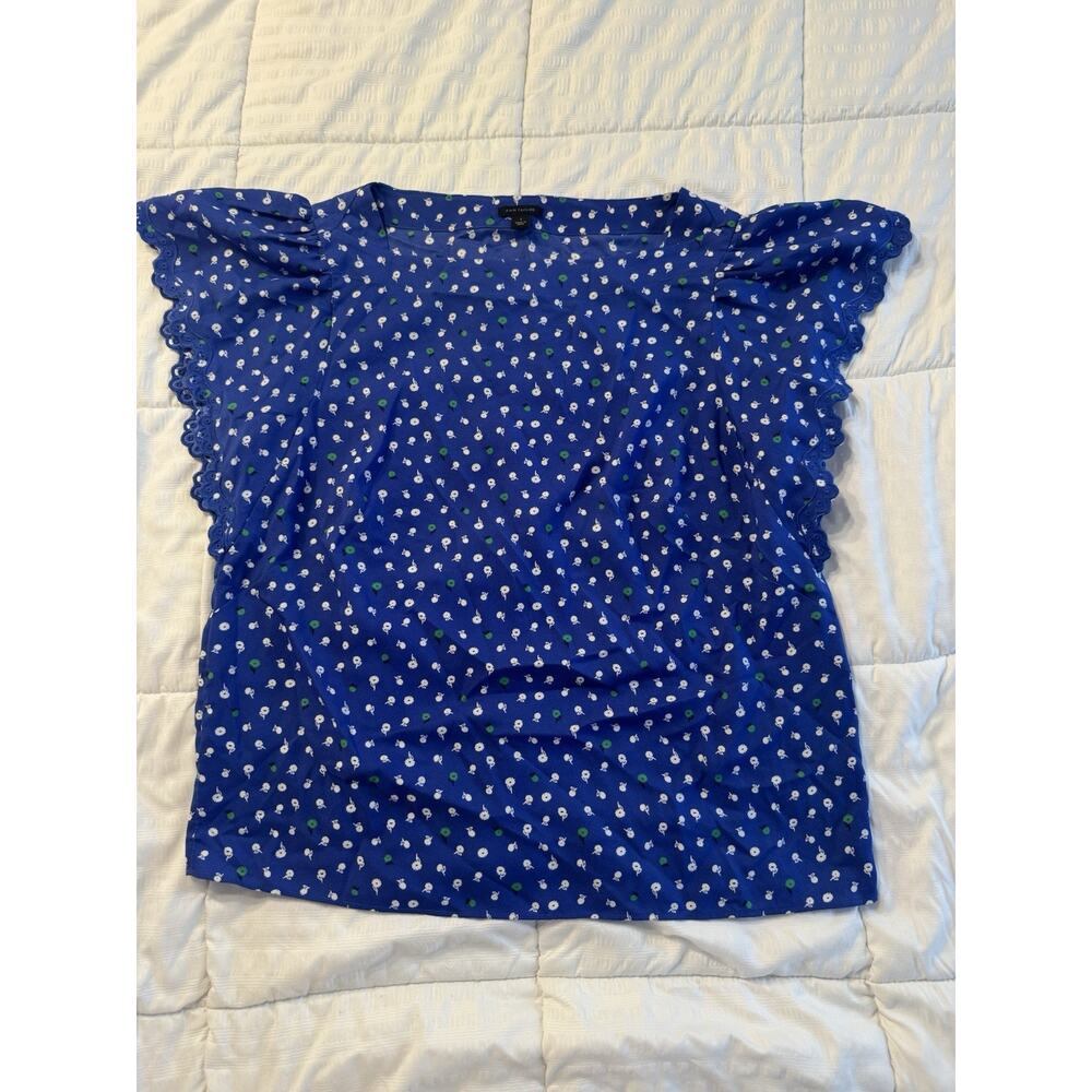 Ann Taylor Blue Floral Top Ruffled Short Sleeve Women's Small Office Spring